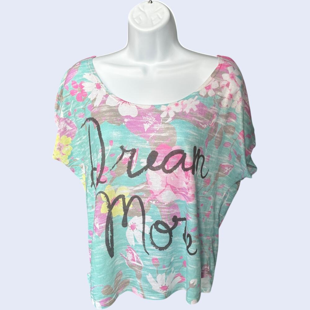 Just Ginger M Boho Floral Dolman Tee Aqua Blue Relaxed